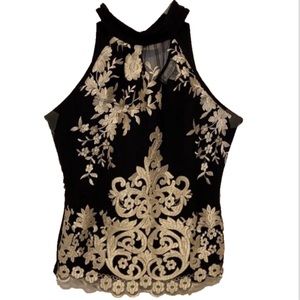Anthropologie KLAXONS EMBROIDERED Halter Top LACE MESH FLORAL SEXY FORMAL TUXEDO